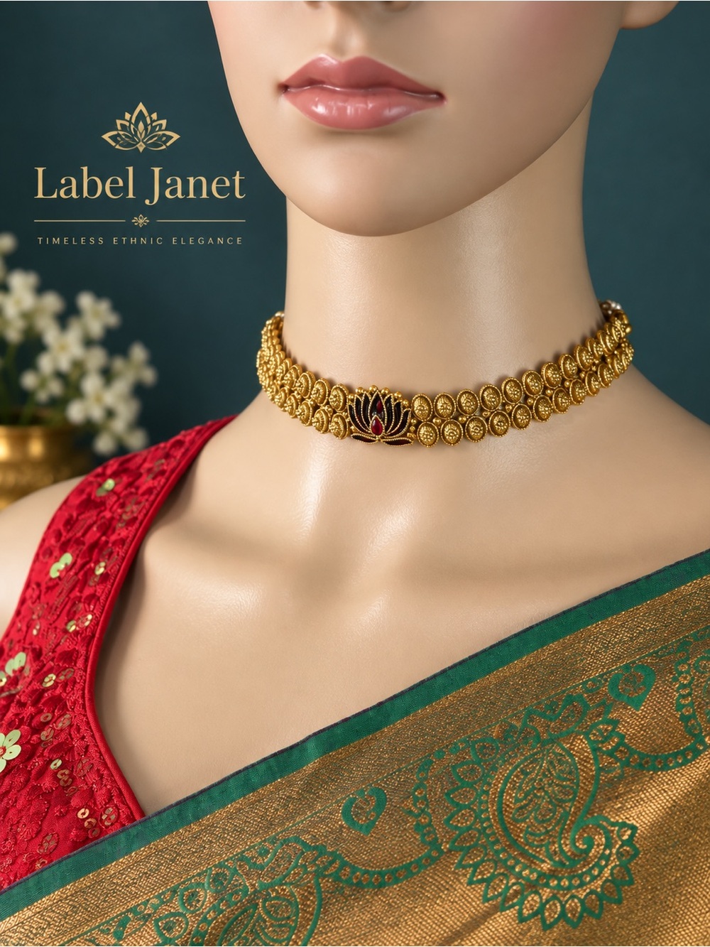 Gold-Tone Lotus Choker Necklace and Earrings Set - Red Accent